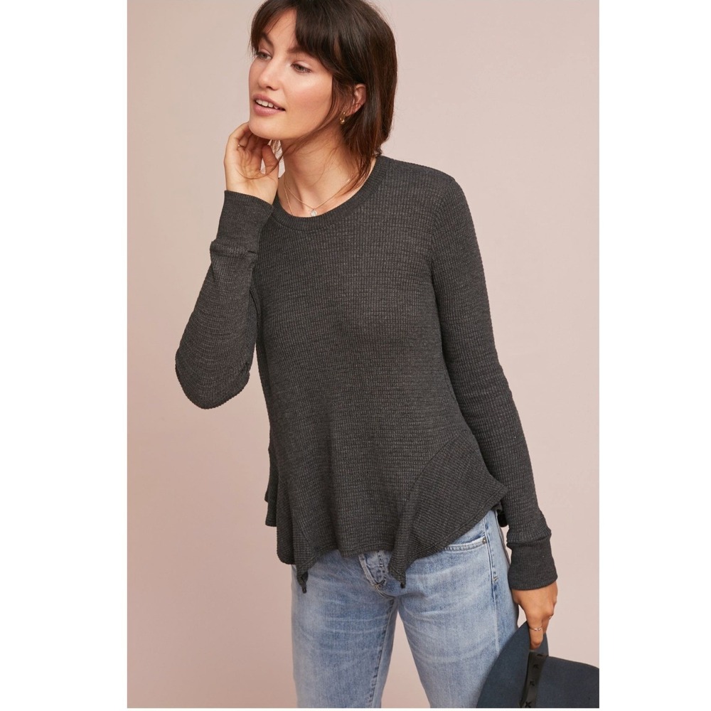 Anthropologie T.La Kenwood Ruffled Pullover Thermal Knit Top Charcoal Gray Large